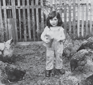 Hilda surrounded by chickens